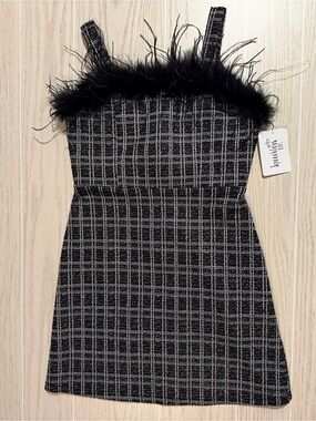 Speechless Girls Size 10 Black Plaid Feather Trim Holiday Party Dress NWT